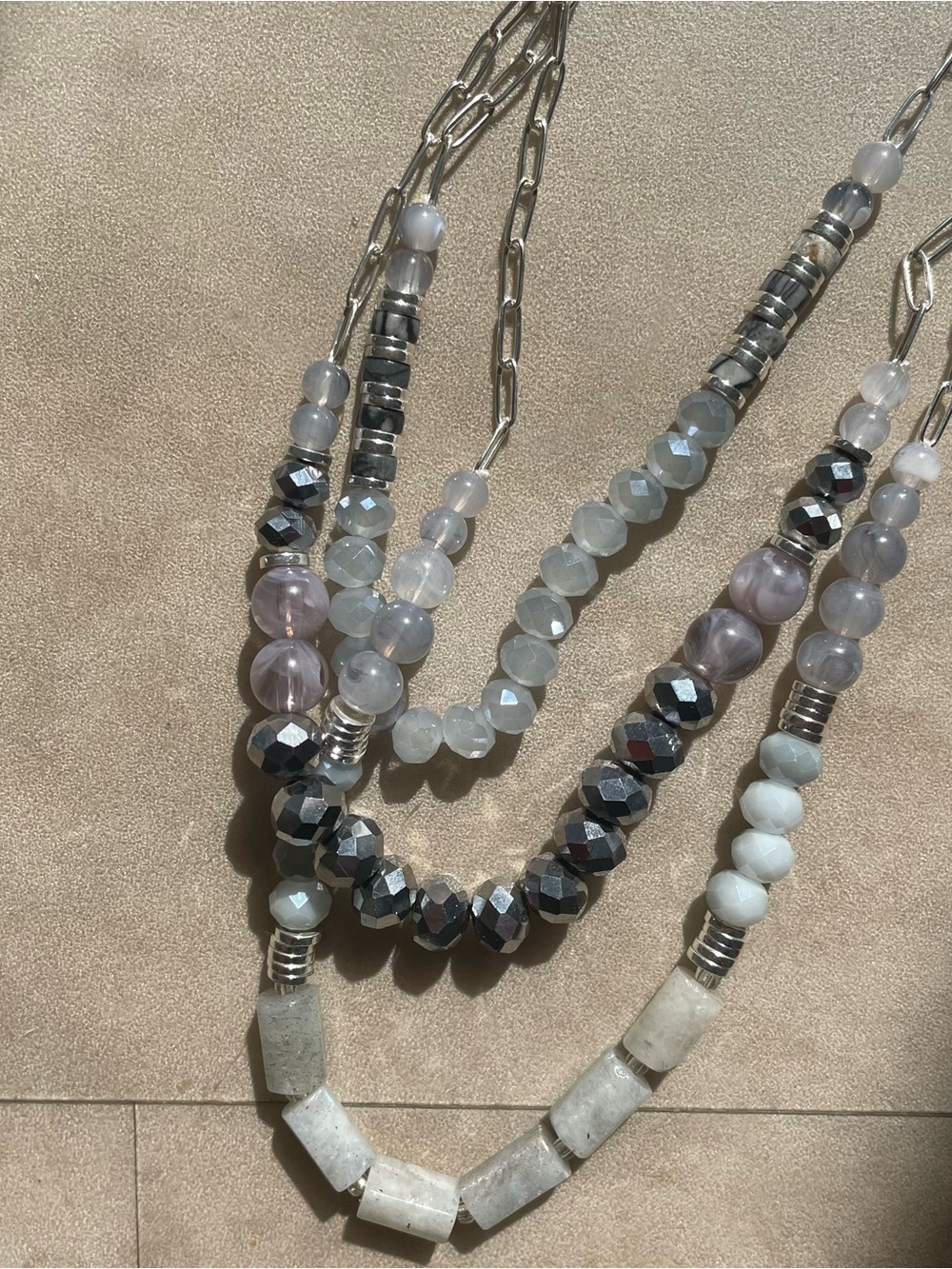 Emberly Multi-Strand Beaded Necklace Silver with Gray and White Marbled beads - Picture 2 of 4